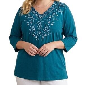 Style & Co NEW Autumn Garden Top Size 3X Caspian Blue Embroidered Knit Tunic